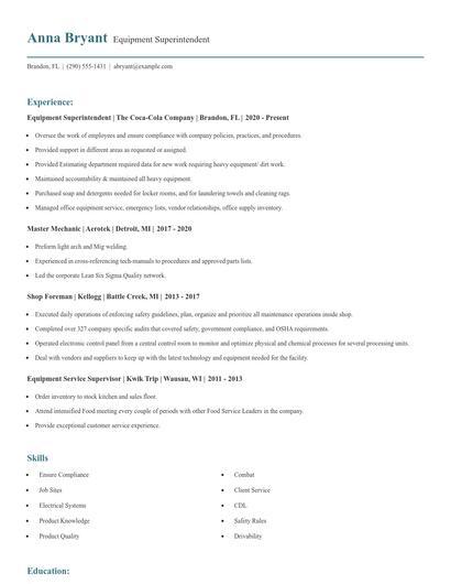 Equipment Superintendent Resume