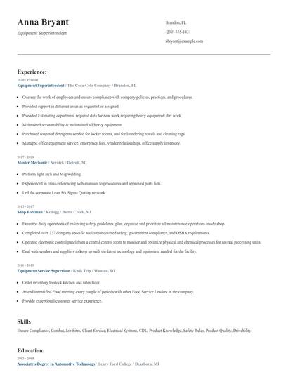 Equipment Superintendent Resume