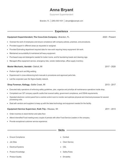 Equipment Superintendent Resume
