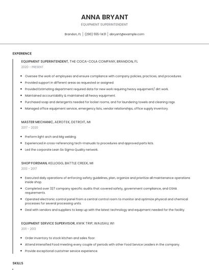 Equipment Superintendent Resume