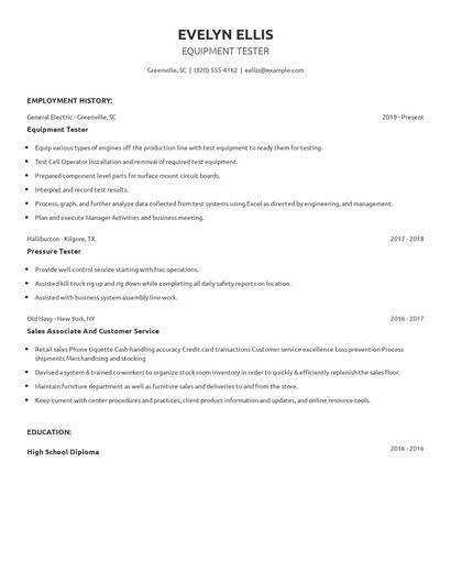 Equipment Tester Resume