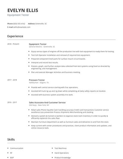 Equipment Tester Resume