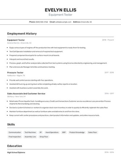 Equipment Tester Resume