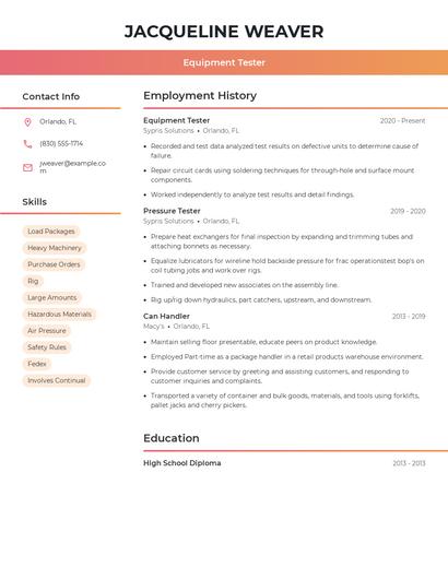 Equipment Tester Resume