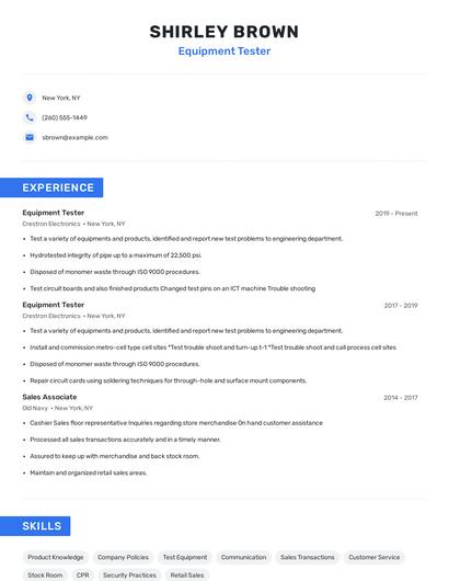 Equipment Tester Resume