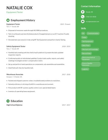 Equipment Tester Resume