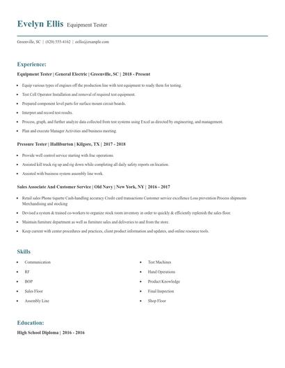 Equipment Tester Resume