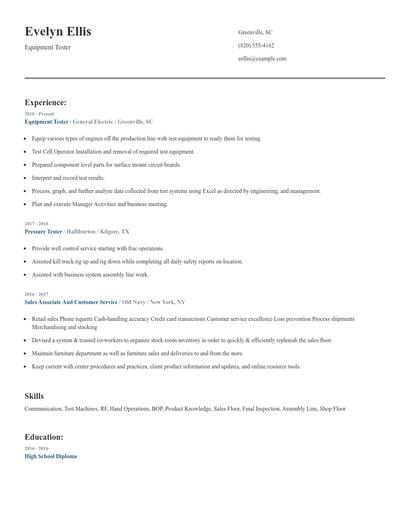 Equipment Tester Resume