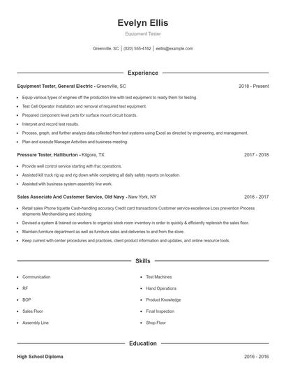 Equipment Tester Resume