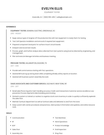 Equipment Tester Resume