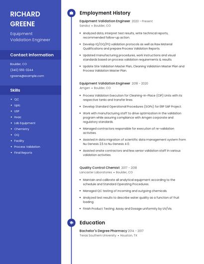 Equipment Validation Engineer Resume