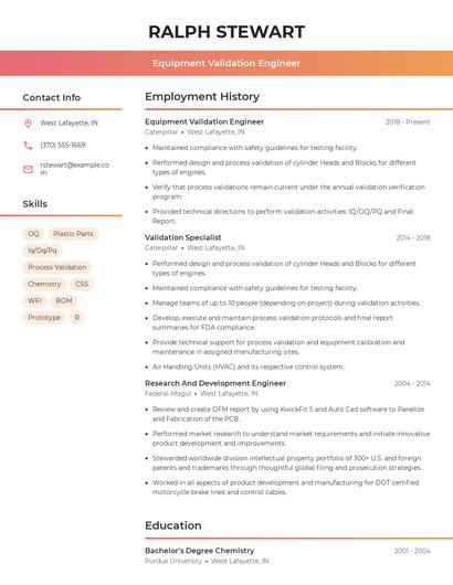 Equipment Validation Engineer Resume