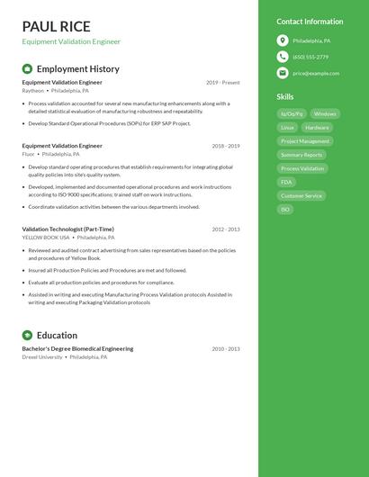 Equipment Validation Engineer Resume