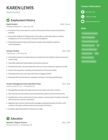 Equity Analyst Resume