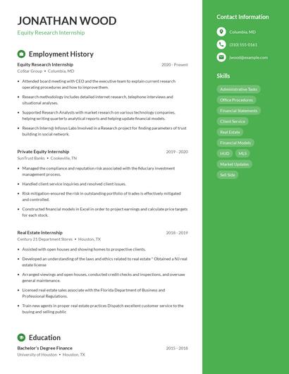 Equity Research Internship Resume