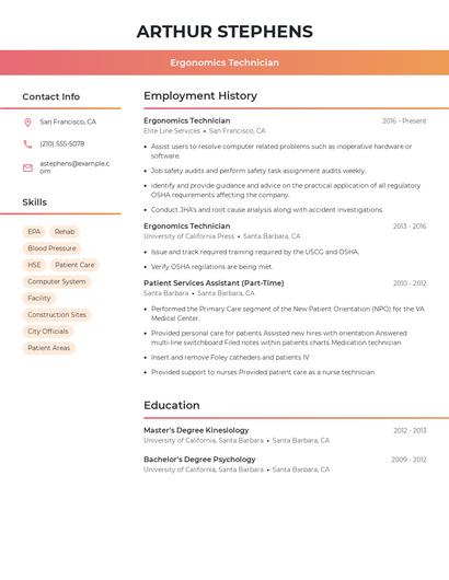 Ergonomics Technician Resume