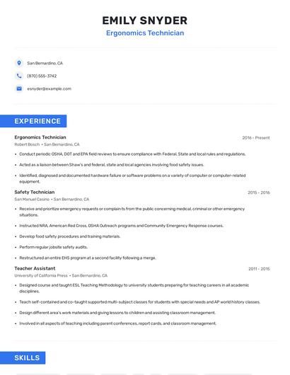Ergonomics Technician Resume