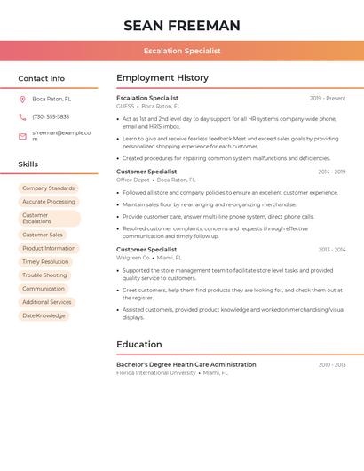 Escalation Specialist Resume