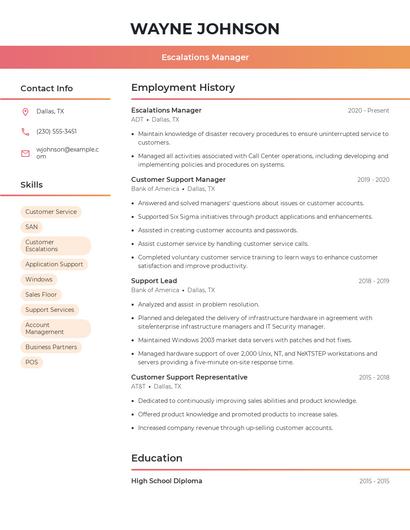 Escalations Manager Resume