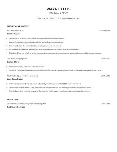 Escrow Agent Resume
