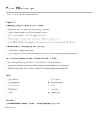 Escrow Agent Resume