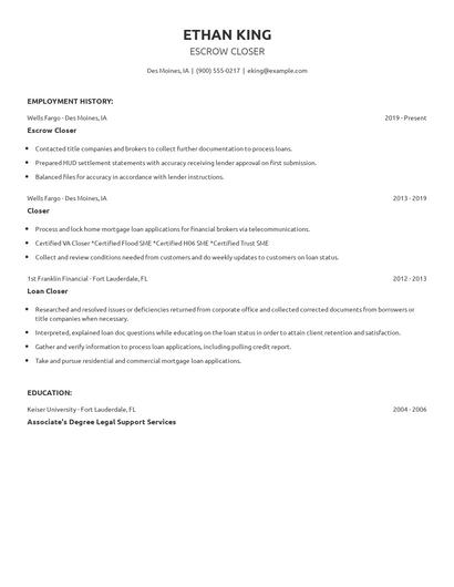 Escrow Closer Resume