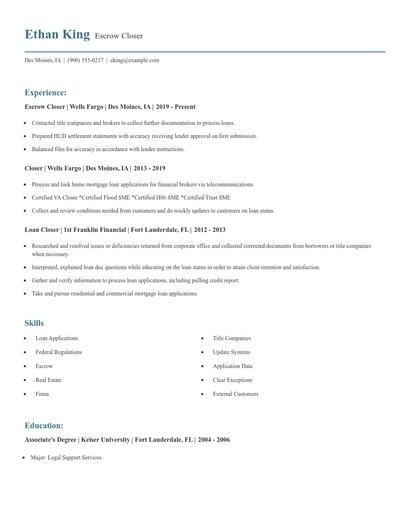 Escrow Closer Resume