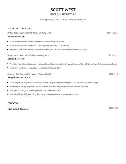Escrow Secretary Resume