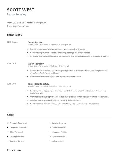 Escrow Secretary Resume
