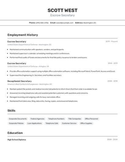 Escrow Secretary Resume