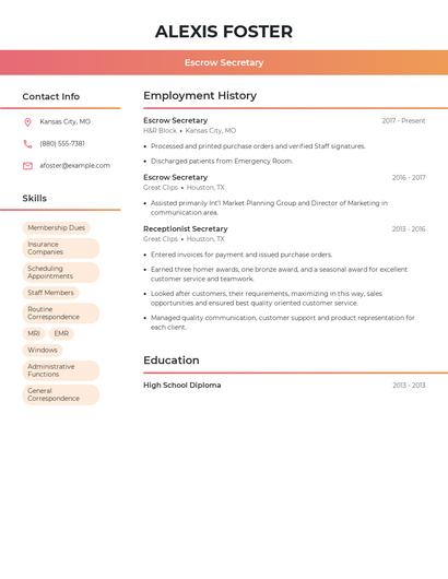 Escrow Secretary Resume