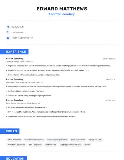 Escrow Secretary Resume