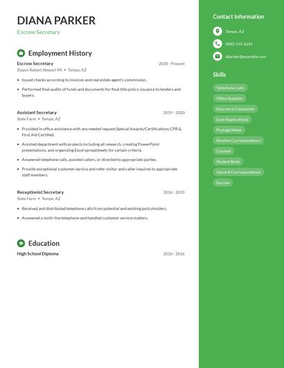 Escrow Secretary Resume