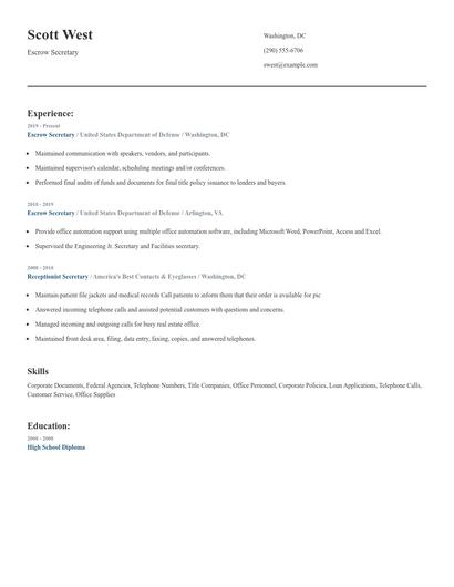 Escrow Secretary Resume