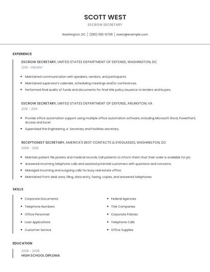 Escrow Secretary Resume