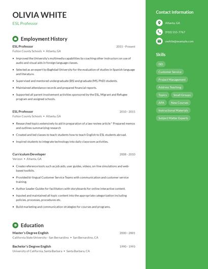 ESL Professor Resume