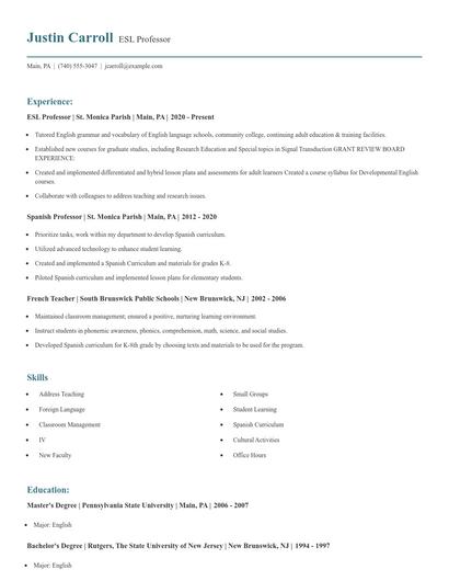 ESL Professor Resume