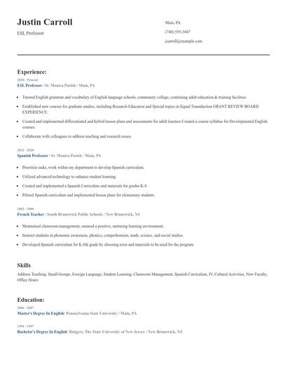 ESL Professor Resume