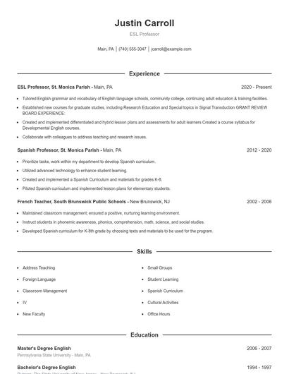 ESL Professor Resume