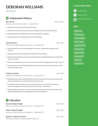 ESL Teacher Resume
