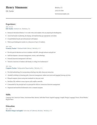ESL Teacher Resume