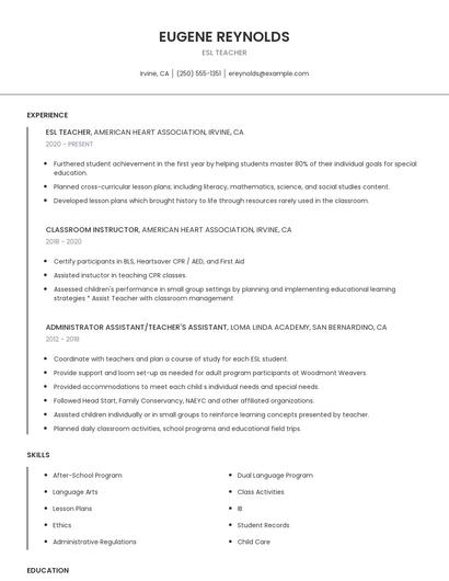 ESL Teacher Resume