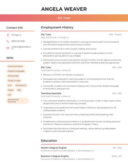 ESL Tutor Resume