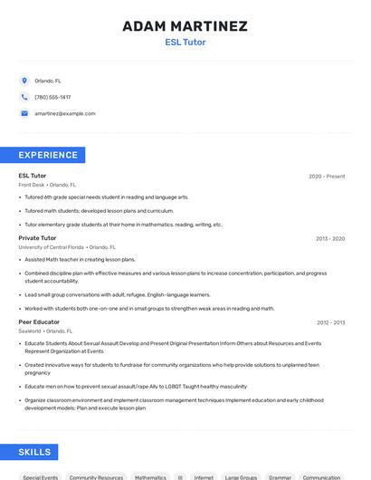 ESL Tutor Resume