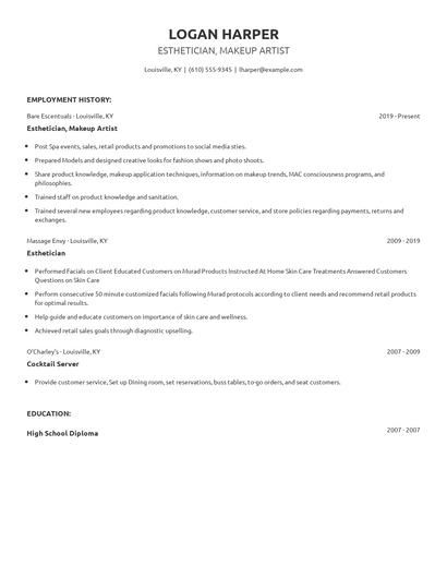 Esthetician, Makeup Artist Resume