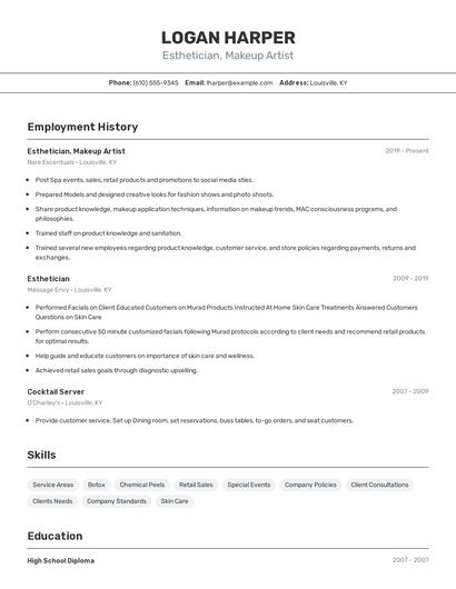 Esthetician, Makeup Artist Resume