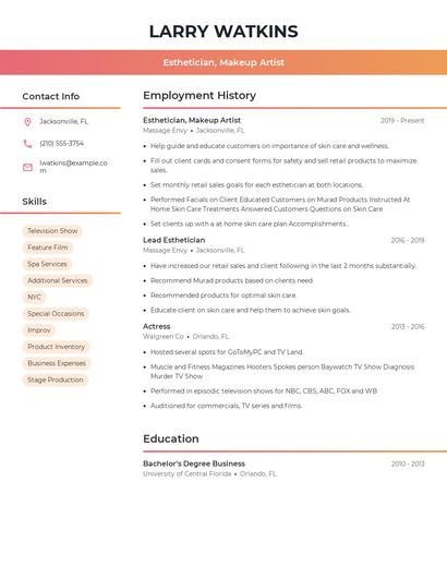 Esthetician, Makeup Artist Resume