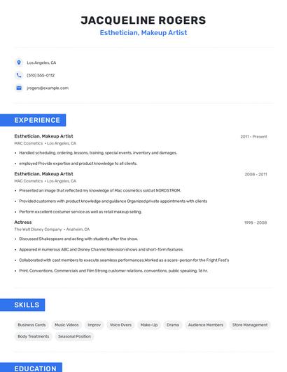 Esthetician, Makeup Artist Resume