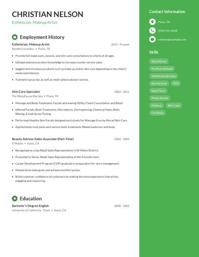 Esthetician, Makeup Artist Resume