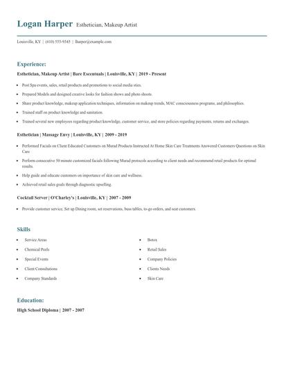 Esthetician, Makeup Artist Resume